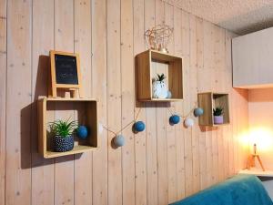 a wall with three shelves with plants on it at Studio Lélex - classé meublé de tourisme 2 étoiles - pied des pistes - vue montagne in Lélex