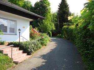 a driveway leading to a house with flowers and plants at Haus am Burgberg in Frankenberg
