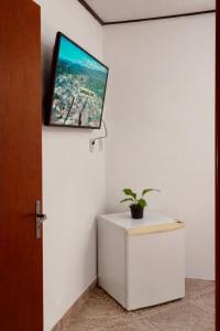 a tv on a wall in a room with a plant at Kalena Suítes in Lençóis