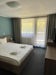 a bedroom with a bed and a large window at Complex SummerTime in Cavnic