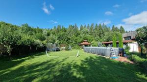 a large yard with a net in the grass at Porumbacu Retreat-Cabana Forest A-frame și Chalet Max cu jacuzzi și piscină sezonieră, pe malul râului ,în apropiere de Transfăgărășan, Sibiu in Porumbacu de Sus