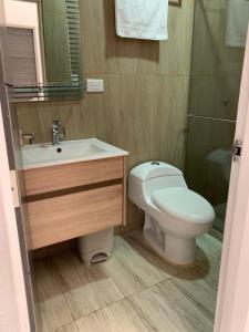 a bathroom with a toilet and a sink at Casa Quintanilla in Villanueva +42 photos