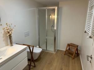 a bathroom with a glass shower and a toilet at 60m2 Cozy Apartament in Valencia
