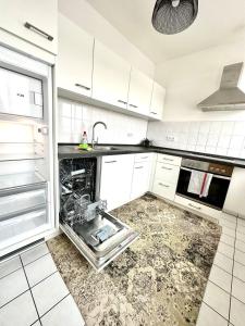 a kitchen with an open dishwasher in the middle at Bright temporary apartment in Schkeuditz in Schkeuditz +8 photos