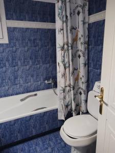 a bathroom with a toilet and a shower curtain at Marilena Apartments Plataria in Plataria +24 photos