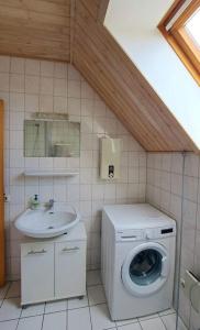 a bathroom with a washing machine and a sink at LHMW19A14-FeWo-Seglerfruend-IV in Lemkenhafen auf Fehmarn