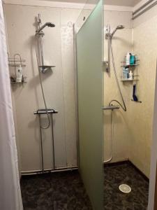 a shower with a glass door in a bathroom at Lantlivlodge i Österjörn - Midgård in Jörn +22 photos