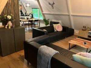 a living room with a couch and a table at Chalet Tournesol Durbuy in Durbuy