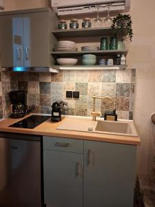 a kitchen with a sink and a counter top at Stella's House Lake Room 2 in Akritochori +2 photos