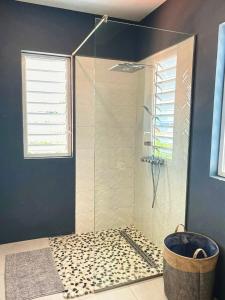 a bathroom with a shower with a glass door at Holiday Haven - Jan Thiel in Jan Thiel