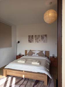 a bedroom with a large bed and a pendant light at Anesis House in Stroumbi