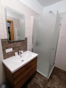 a white bathroom with a sink and a shower at Appartement HochOben in Planneralm