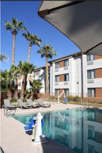 a pool with chairs and palm trees and a building at Sky Harbor Airport Inn in Phoenix