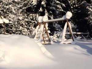 a snow covered fence with a ladder at Ferienhaus Bruno - Südhanglage mit 2 Schlafzimmern in Feldberg
