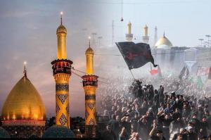 a crowd of people standing in front of a mosque at Art Apartments Karbala in Karbala