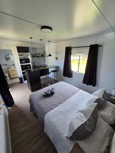 a bedroom with a bed and a desk in it at Maridalba 2 in La Coronilla