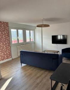 a living room with a blue couch and a tv at Chez nous Mulhouse - Hyper Centre - Parking - Balcon - Netflix in Mulhouse