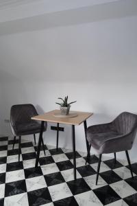 two chairs and a table with a plant on a checkered floor at Cozy room with bathroom in a private house in Bergrheinfeld