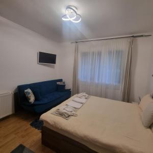 a bedroom with a bed and a blue couch at Apartament Kalinderu K4 Busteni in Buşteni