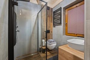 a bathroom with a shower and a sink and a toilet at Domek Za Dworem in Witów
