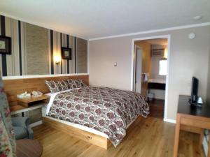 a bedroom with a bed and a desk and a television at Galaxy Motel in St. Paul