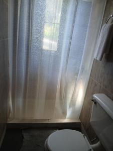 ein Badezimmer mit Toilette und Duschvorhang in der Unterkunft La isabela in Mar del Plata