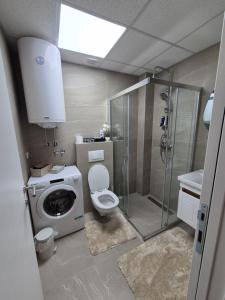 a bathroom with a shower toilet and a washing machine at Premijum 5 in Smederevska Palanka +5 photos