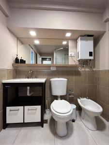 a bathroom with a toilet and a sink and a mirror at 4 Estaciones in El Bolsón +27 photos
