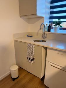 a small white kitchen with a sink and a window at Studio Flat in New Barnet in New Barnet +6 photos