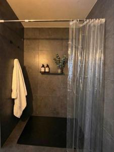 a shower with a shower curtain in a bathroom at Wohlfühlapartment GUXHAGEN- nähe Bahnhof & A7, schnell in Kassel in Guxhagen