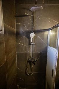 a shower with a shower head in a bathroom at Riverside Escape ,modern residence with courtyard in Florina