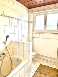 a bathroom with a shower and a sink and a toilet at Private 5 bedroom for large Groups in Hunzenschwil +45 photos