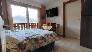 a bedroom with a bed and a large window at Chez Nathalie - Appartement cosy- Multi pass offert- Draps, serviettes et ménage compris in Saint-Jean-d'Aulps