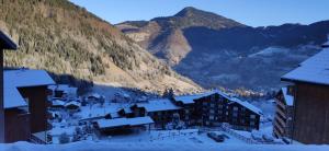 a town with snow covered buildings and a mountain at Chez Nathalie - Appartement cosy- Multi pass offert- Draps, serviettes et ménage compris in Saint-Jean-d'Aulps