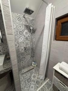 a bathroom with a shower with a tiled wall at Duplex House - Private Home MUNA in Sarajevo +42 photos