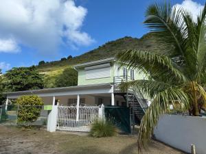 a house with a palm tree in front of a hill at Grand Case Beach Steps in Grand Case