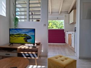 a living room with a television on a table at Grand Case Beach Steps in Grand Case