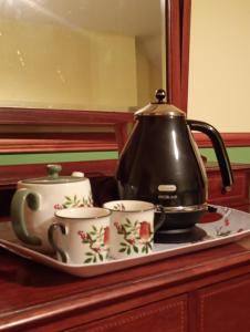 a tea kettle and two cups on a tray at Shamrock House in Fintona