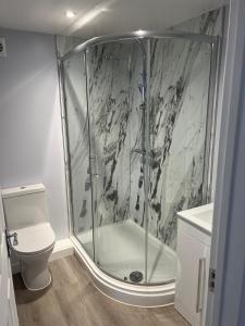 a bathroom with a shower and a toilet at New 2-bed 2-bath detached flat with garden in Enfield +19 photos