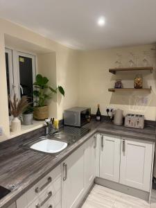 a kitchen with a sink and a microwave at New 2-bed 2-bath detached flat with garden in Enfield