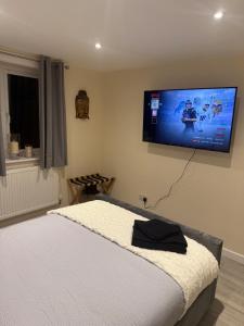 a bedroom with a bed with a flat screen tv on the wall at New 2-bed 2-bath detached flat with garden in Enfield