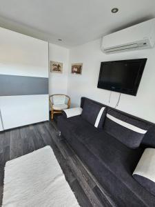 a living room with a couch and a flat screen tv at Luxus Apartman in Szombathely