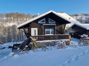 a log cabin in the snow with snow at Neubert in Breitenbrunn