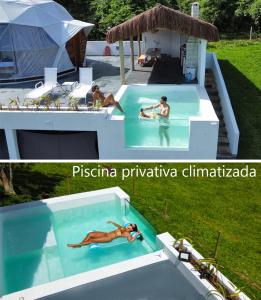 two pictures of people in a swimming pool at Cupulesantorini in Santa Isabel