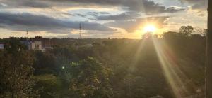 a sunset with the sun shining through the trees at Mardley Suites in Nairobi