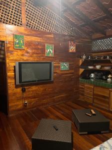a living room with a flat screen tv on a wooden wall at Cocles House in Talamanca
