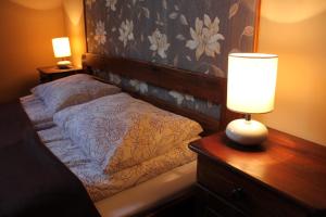 ナウェンチュフにあるDomek Na Prowincjiのベッドルーム1室(テーブルの上にランプ付きのベッド1台付)