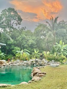 a pool of water in a garden with trees at Villa harmony haven in Taling Ngam in Ban Khok Kroat