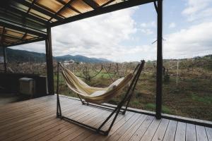 a hammock on a deck with a view of a vineyard at 柿畑の宿 Private stay with farm and house all to yourself in Katsuragi