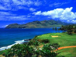 a golf course on a hill next to the ocean at Hale Naalehu LLC Bed and Breakfast in Naalehu